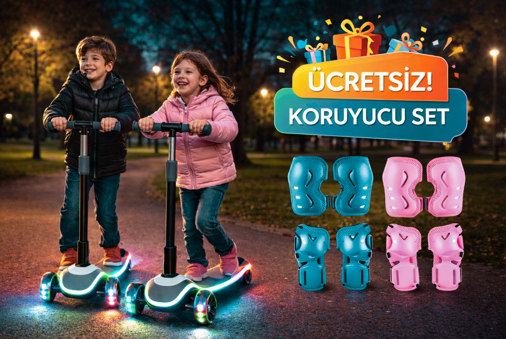 LED Işıklı Çocuk Scooter + Ücretsiz Koruyucu Set (Dengeli & Güvenli Sürüş)